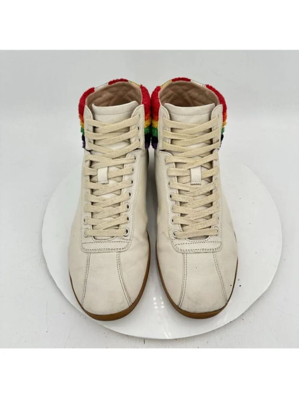 Gucci Men Sz UK 9.5D US 10 White Leather Lace Up Rainbow Heel Collar Mid Shoes
